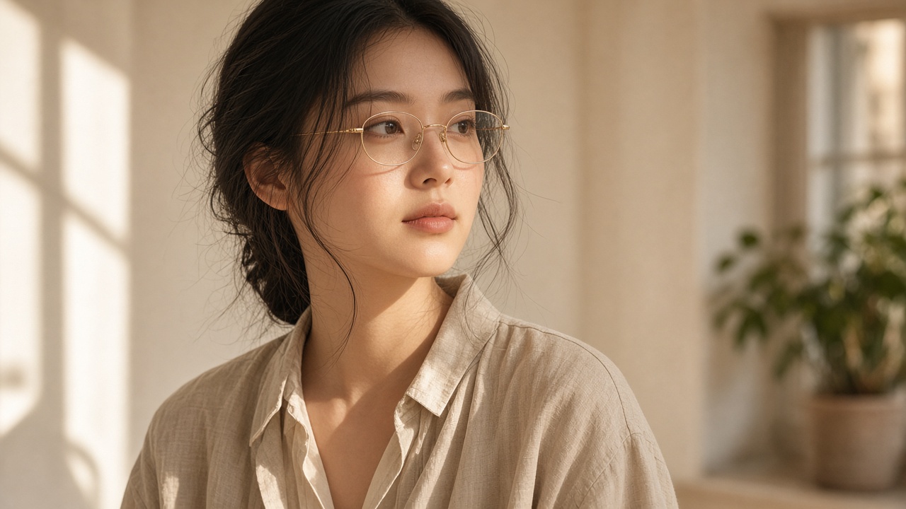 一位女士在温暖的棚拍光线里佩戴纤细的金色椭圆眼镜